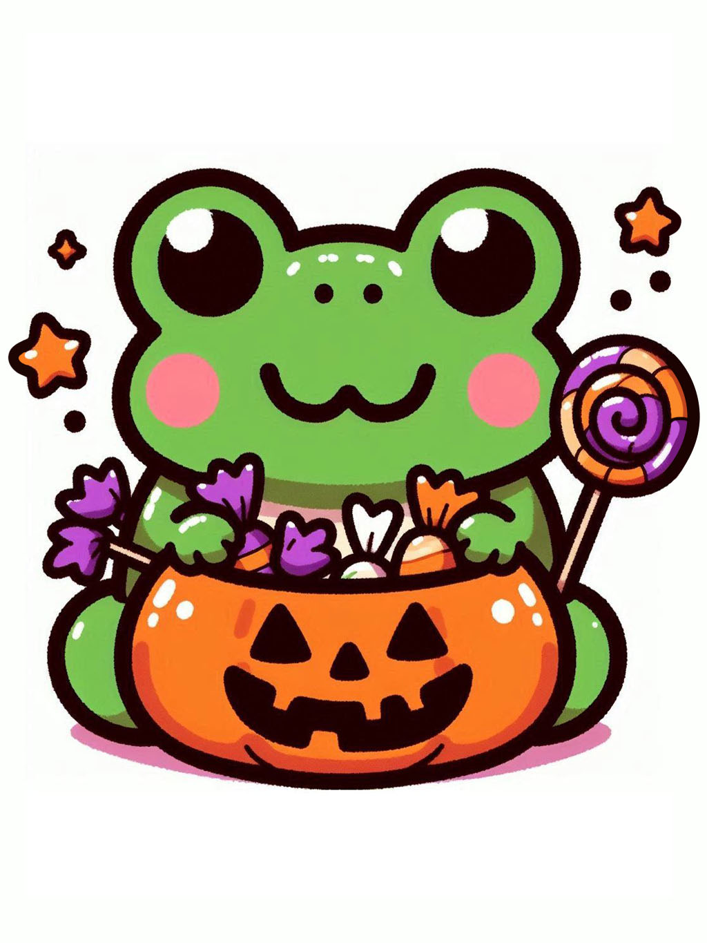 halloween frog drawing ideas: A cute and chubby green frog sits joyfully inside a carved pumpkin filled with candies, holding a colorful lollipop.